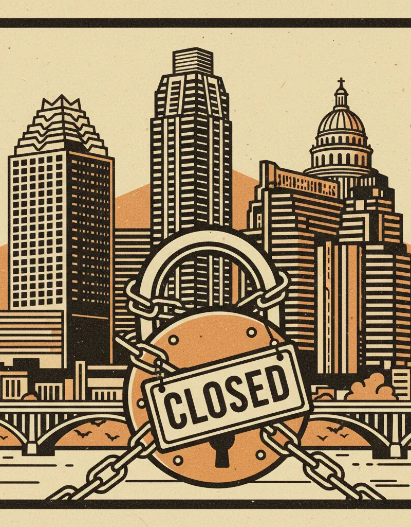 Editorial illustration: OUR ONE ESCAPE FROM LATE-STAGE CAPITALISM IS TEMPORARILY CLOSED