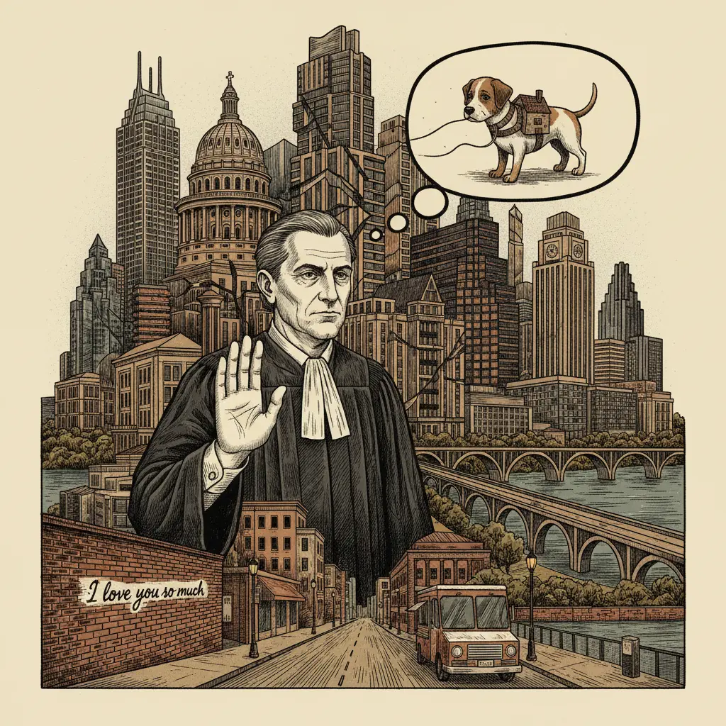 Editorial illustration: JUDGE SAYS 'NO' TO DOG'S RETURN, PROBABLY TO SAVE IT FROM AUSTIN'S HOUSING MARKET
