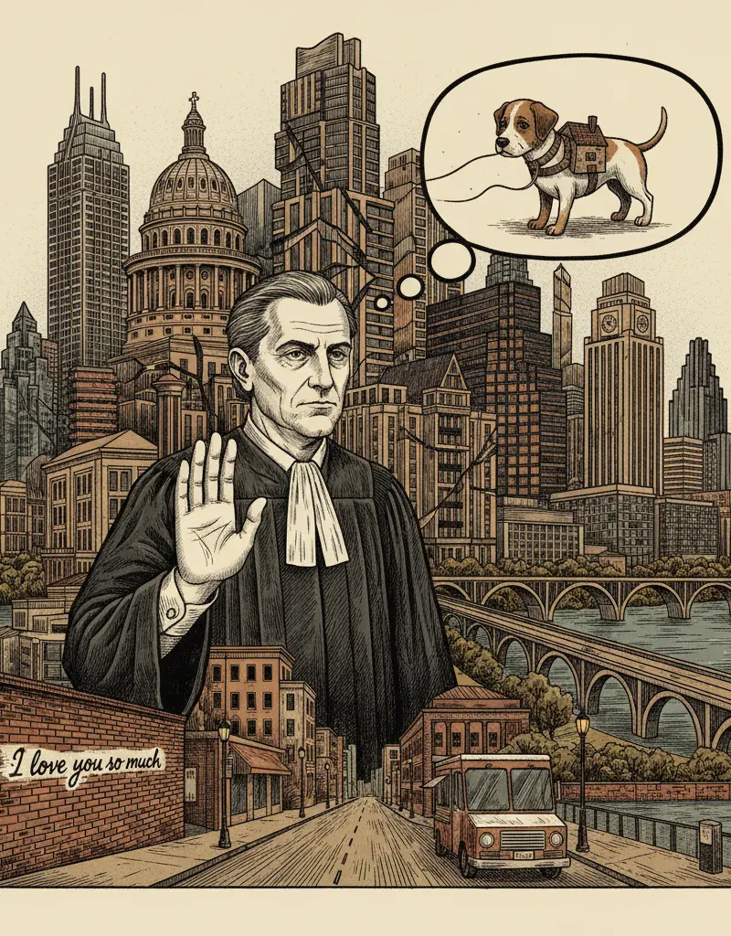Editorial illustration: JUDGE SAYS 'NO' TO DOG'S RETURN, PROBABLY TO SAVE IT FROM AUSTIN'S HOUSING MARKET