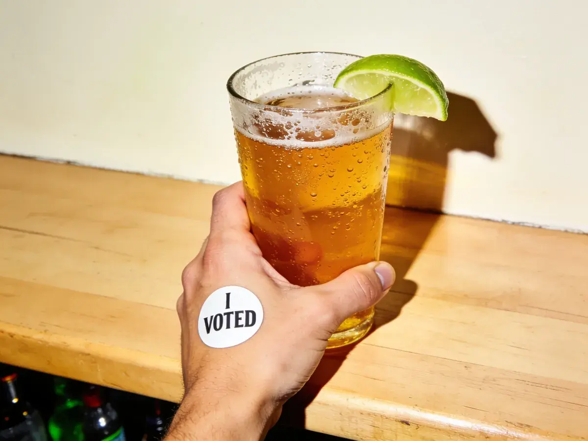 Editorial illustration: 28 AUSTIN BUSINESSES OFFER 'I VOTED' FREEBIES — PANTRY STAPLES, PINTS, AND TACOS INCLUDED