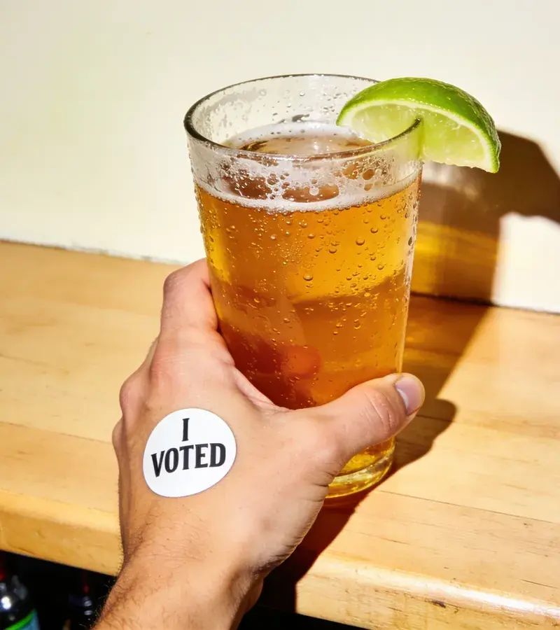Editorial illustration: 28 AUSTIN BUSINESSES OFFER 'I VOTED' FREEBIES — PANTRY STAPLES, PINTS, AND TACOS INCLUDED