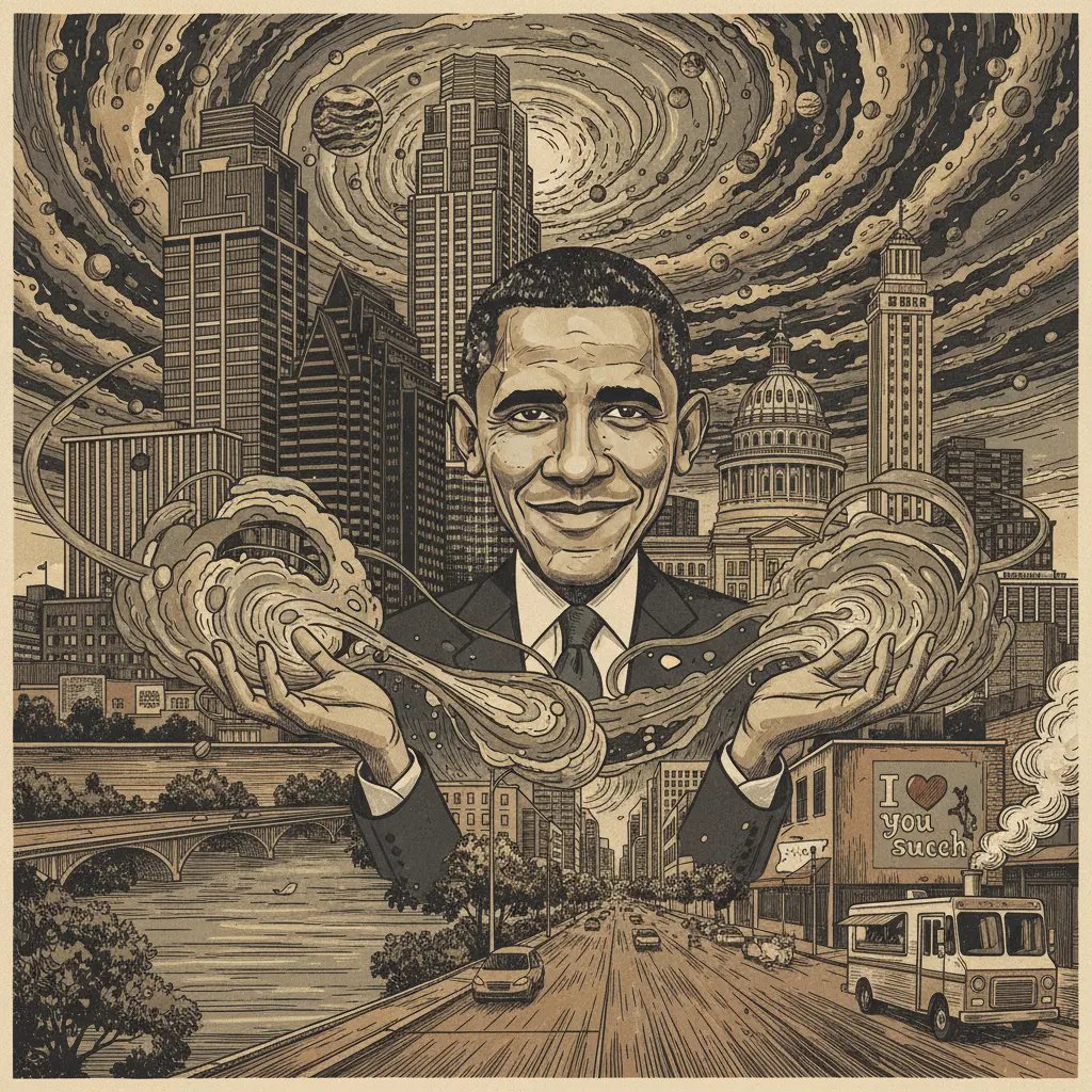 Editorial illustration: OBAMA GASLIGHTS THE UNIVERSE, AGAIN