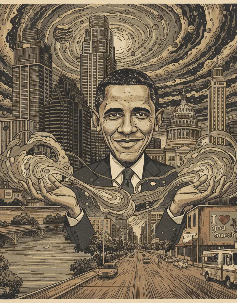 Editorial illustration: OBAMA GASLIGHTS THE UNIVERSE, AGAIN