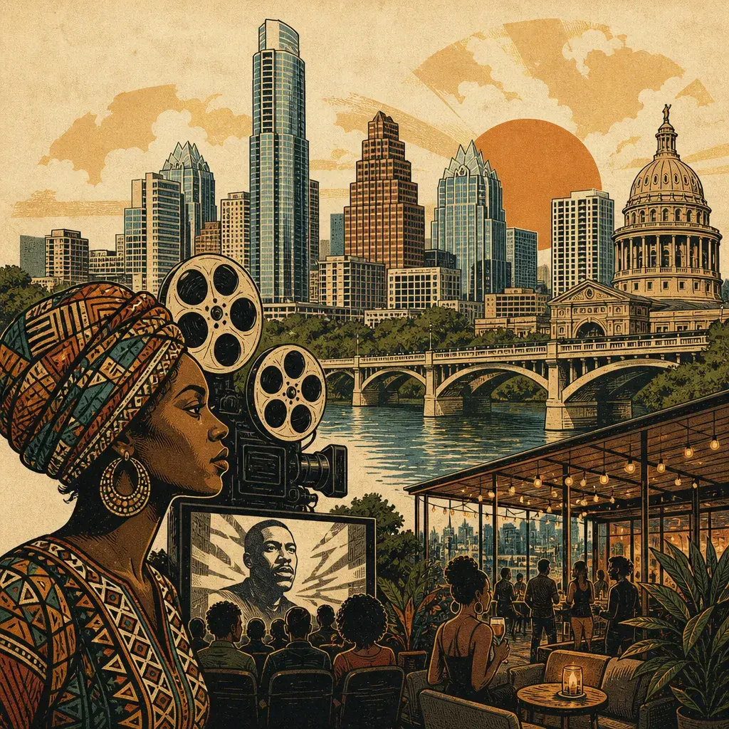 Editorial illustration: STEAL A FEW HOURS FROM THE BUREAUCRACY — TOP 7 THINGS TO DO IN AUSTIN THIS WEEKEND: PAN AFRICAN FILM FESTIVAL AT AFS CINEMA; FUTURE FRONT AT THE LINE HOTEL (THU, JUL 30)