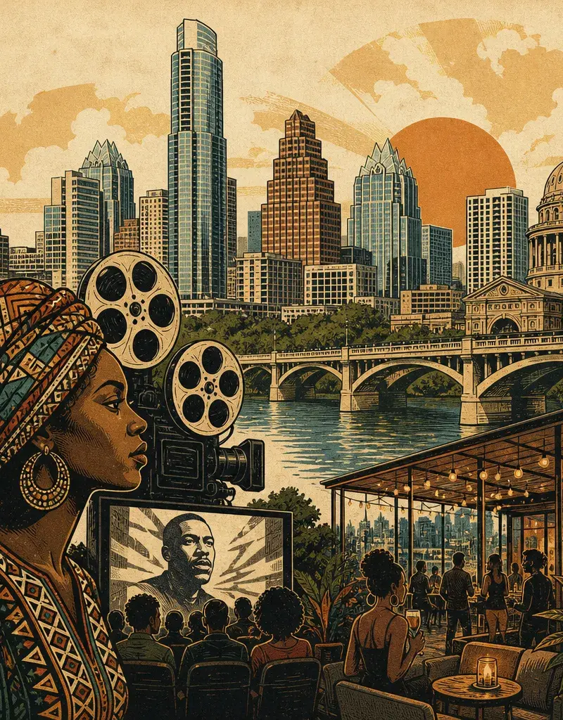 Editorial illustration: STEAL A FEW HOURS FROM THE BUREAUCRACY — TOP 7 THINGS TO DO IN AUSTIN THIS WEEKEND: PAN AFRICAN FILM FESTIVAL AT AFS CINEMA; FUTURE FRONT AT THE LINE HOTEL (THU, JUL 30)