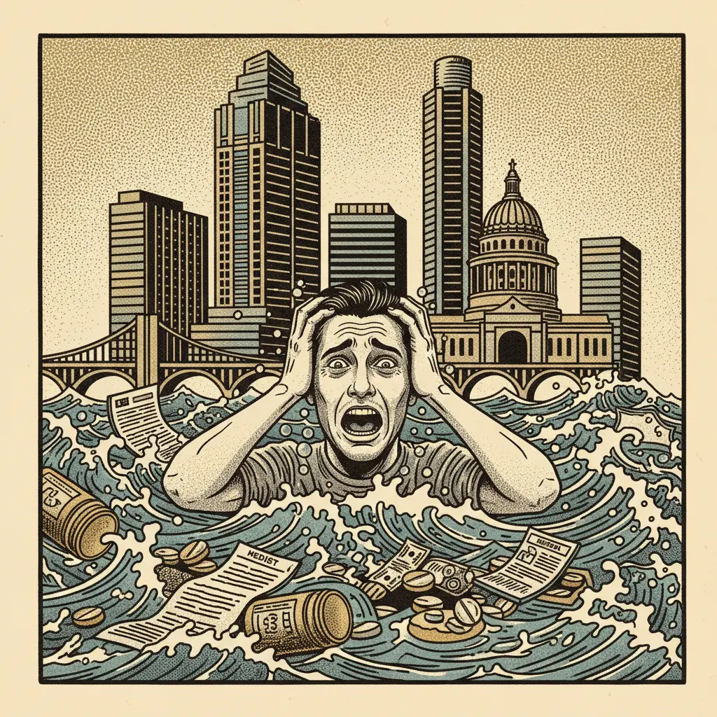 Editorial illustration: JAMES VAN DER BEEK IS ALL OF US: DROWNING IN MEDICAL DEBT