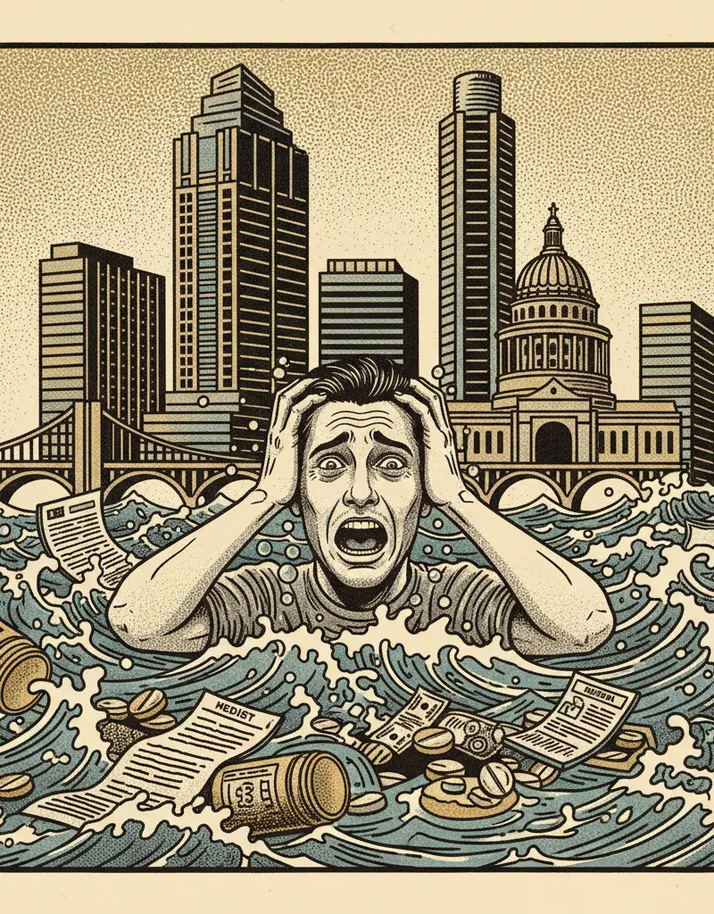 Editorial illustration: JAMES VAN DER BEEK IS ALL OF US: DROWNING IN MEDICAL DEBT