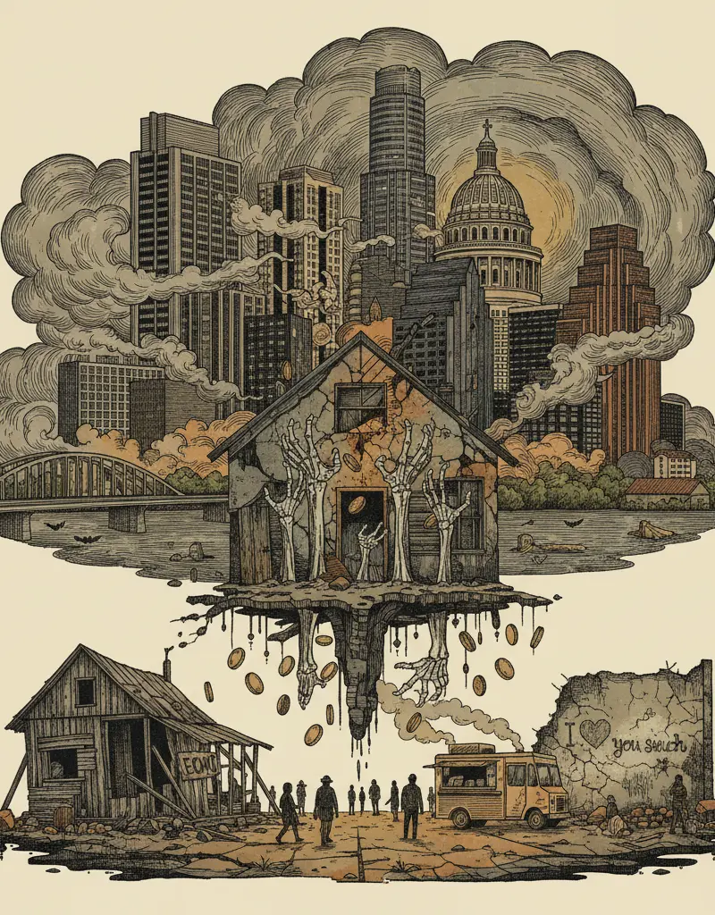 Editorial illustration: ECHO GETS $5 MILLION TO DELAY THE INEVITABLE HOMELESSNESS APOCALYPSE
