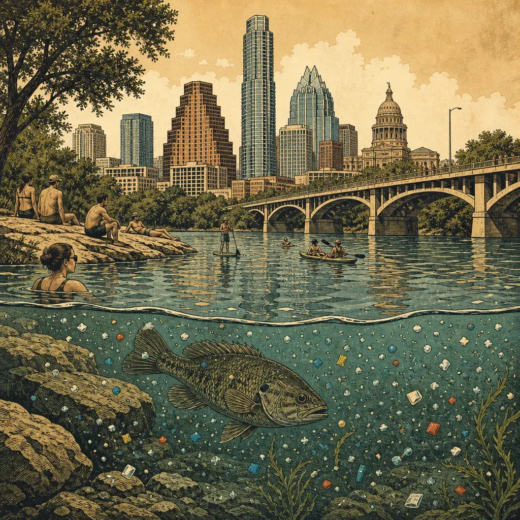 Editorial illustration: MICROPLASTICS ARE NOW PART OF THE SCENERY: MICROPLASTICS FOUND IN BARTON SPRINGS, BLUE HOLE, AND LADY BIRD LAKE