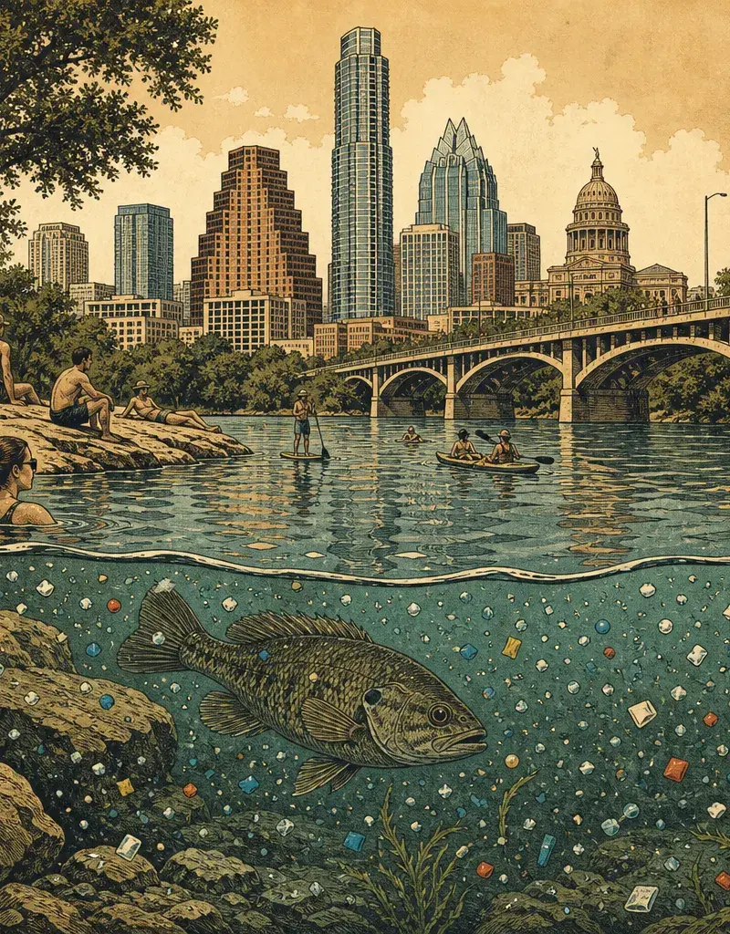 Editorial illustration: MICROPLASTICS ARE NOW PART OF THE SCENERY: MICROPLASTICS FOUND IN BARTON SPRINGS, BLUE HOLE, AND LADY BIRD LAKE