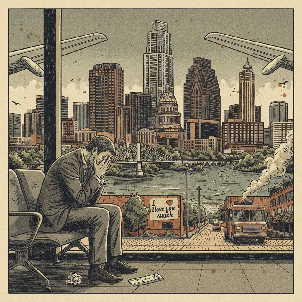 Editorial illustration: WATCH AUSTIN CRY AT THE AIRPORT INSTEAD OF AT A SAD COMMERCIAL