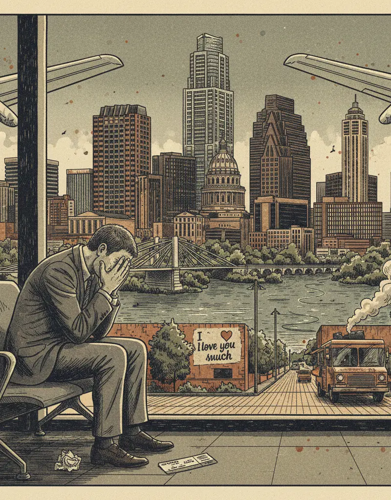 Editorial illustration: WATCH AUSTIN CRY AT THE AIRPORT INSTEAD OF AT A SAD COMMERCIAL