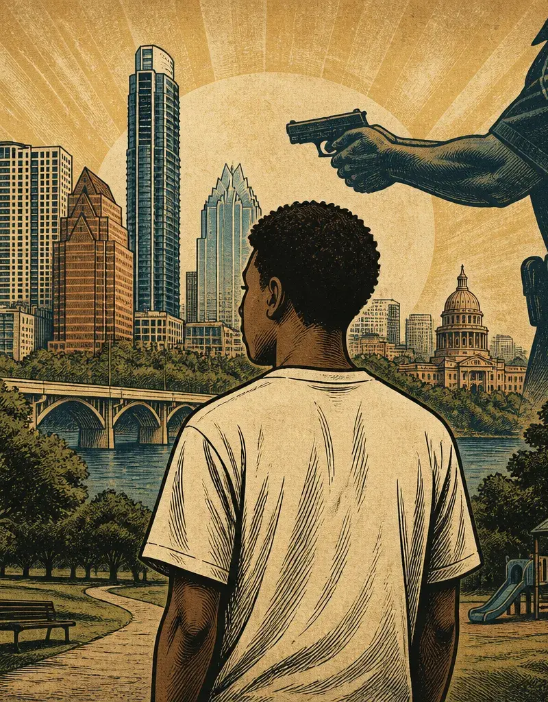 Editorial illustration: UNARMED 17-YEAR-OLD SHOT AND KILLED BY AUSTIN POLICE — NORTHEAST AUSTIN PARK, EARLY FRIDAY