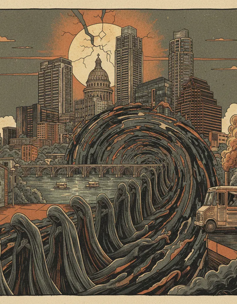 Editorial illustration: NIGHT ENDS IN TRAGEDY NEAR PFLUGERVILLE; ESCAPE THE VOID BY MOURNING WITH STRANGERS