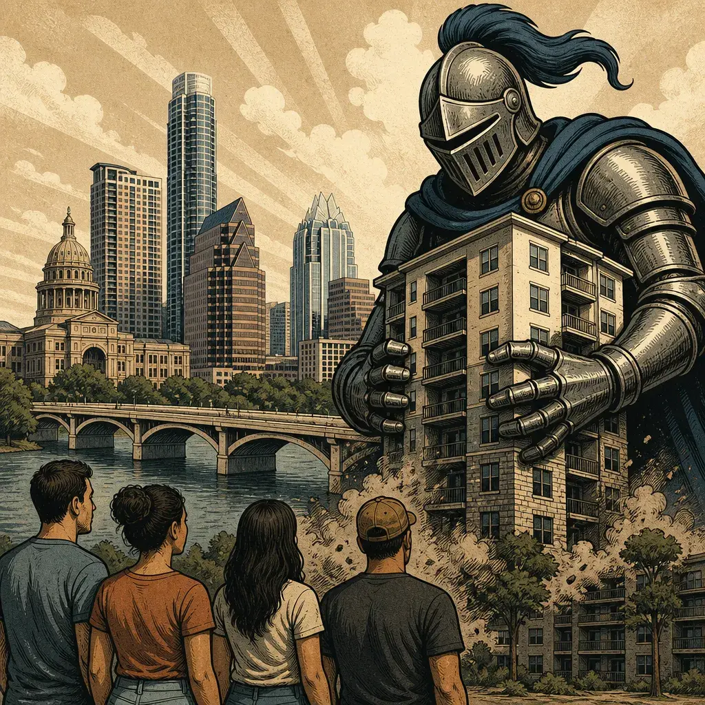Editorial illustration: WE PAID RENT, THEY BOUGHT THE STREETS — KNIGHTVEST CAPITAL BUYS 1,027 ROUND ROCK APARTMENTS