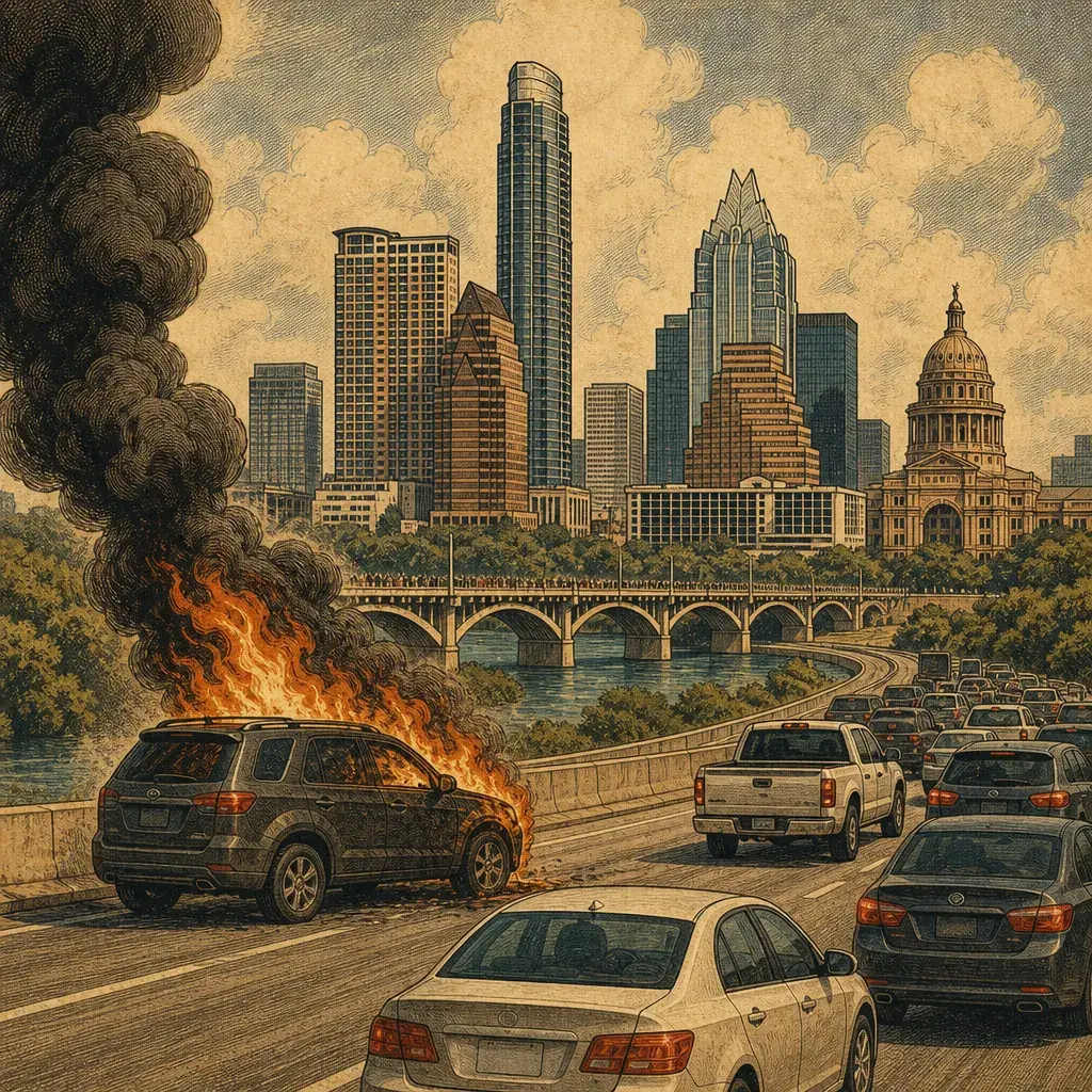 Editorial illustration: HEROIC VEHICLE CANCELS A THOUSAND LIFE PLANS — VEHICLE FIRE SLOWS SOUTHBOUND MOPAC