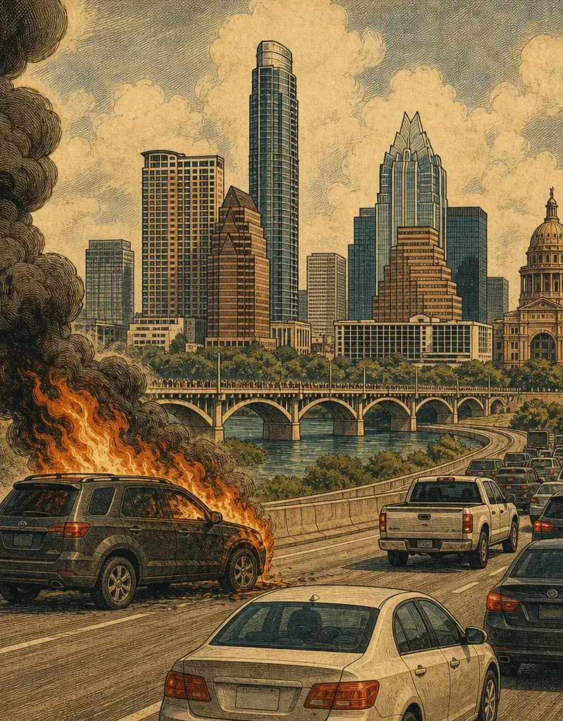 Editorial illustration: HEROIC VEHICLE CANCELS A THOUSAND LIFE PLANS — VEHICLE FIRE SLOWS SOUTHBOUND MOPAC