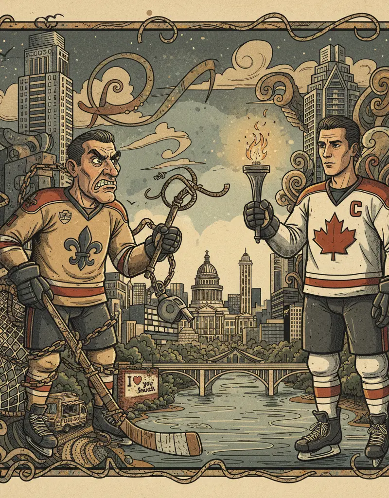 Editorial illustration: FRENCH HOCKEY PLAYER GETS OLYMPIC-SIZED PUNISHMENT FOR PICKING FIGHT WITH CANADIAN