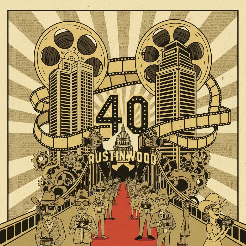 Editorial illustration: AUSTIN CELEBRATES 40 YEARS OF PRETENDING TO BE HOLLYWOOD