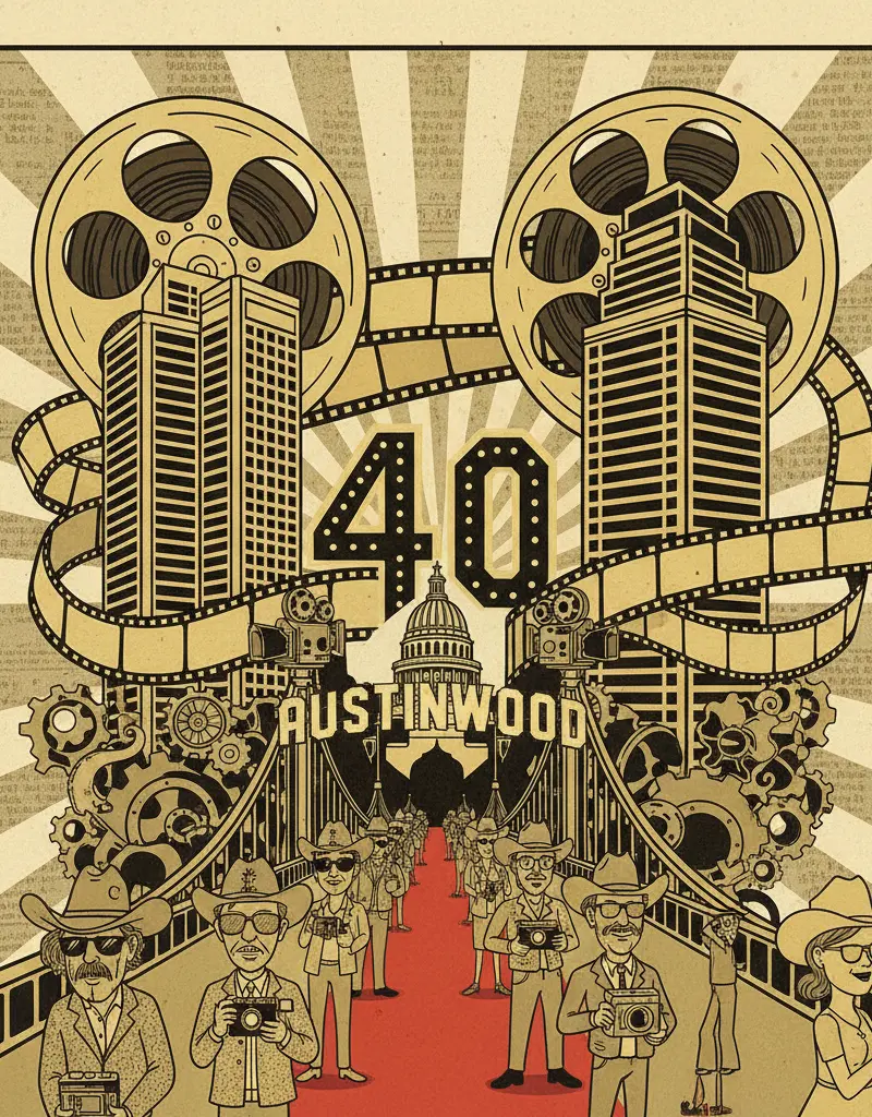 Editorial illustration: AUSTIN CELEBRATES 40 YEARS OF PRETENDING TO BE HOLLYWOOD