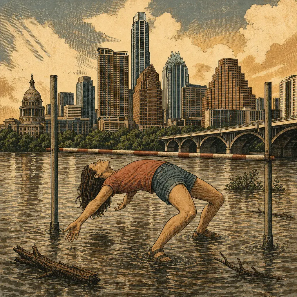 Editorial illustration: THE RIVER IS DOING THE LIMBO AGAIN: ELEVATED RIVER LEVELS CONTINUE AFTER 3-DAY FLOOD EVENT