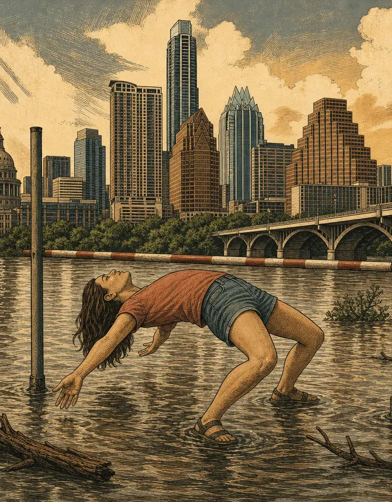 Editorial illustration: THE RIVER IS DOING THE LIMBO AGAIN: ELEVATED RIVER LEVELS CONTINUE AFTER 3-DAY FLOOD EVENT