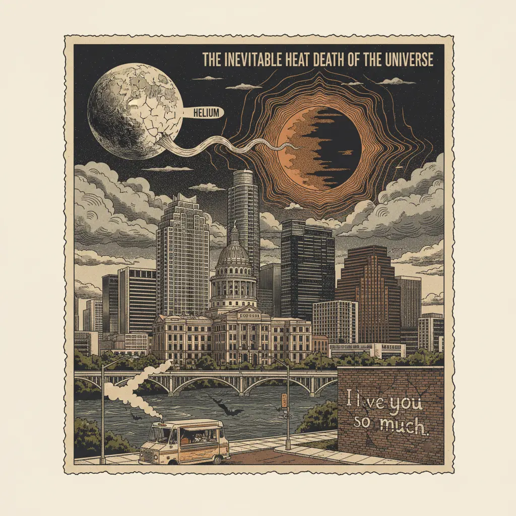 Editorial illustration: NASA DELAYS MOON SHOT, CITING HELIUM AND THE INEVITABLE HEAT DEATH OF THE UNIVERSE