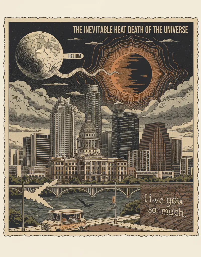 Editorial illustration: NASA DELAYS MOON SHOT, CITING HELIUM AND THE INEVITABLE HEAT DEATH OF THE UNIVERSE
