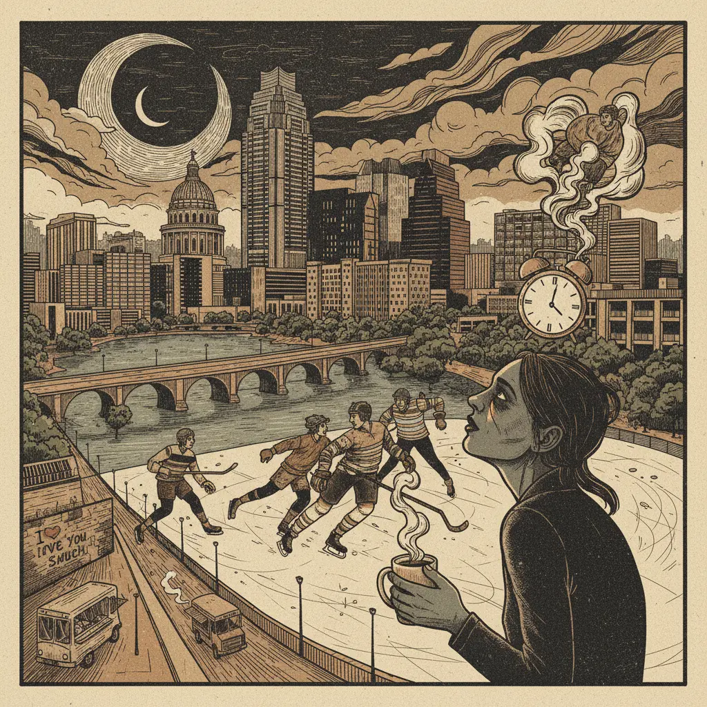Editorial illustration: SACRIFICE SLEEP TO WATCH OVERPAID ADULTS SKATE ON ICE