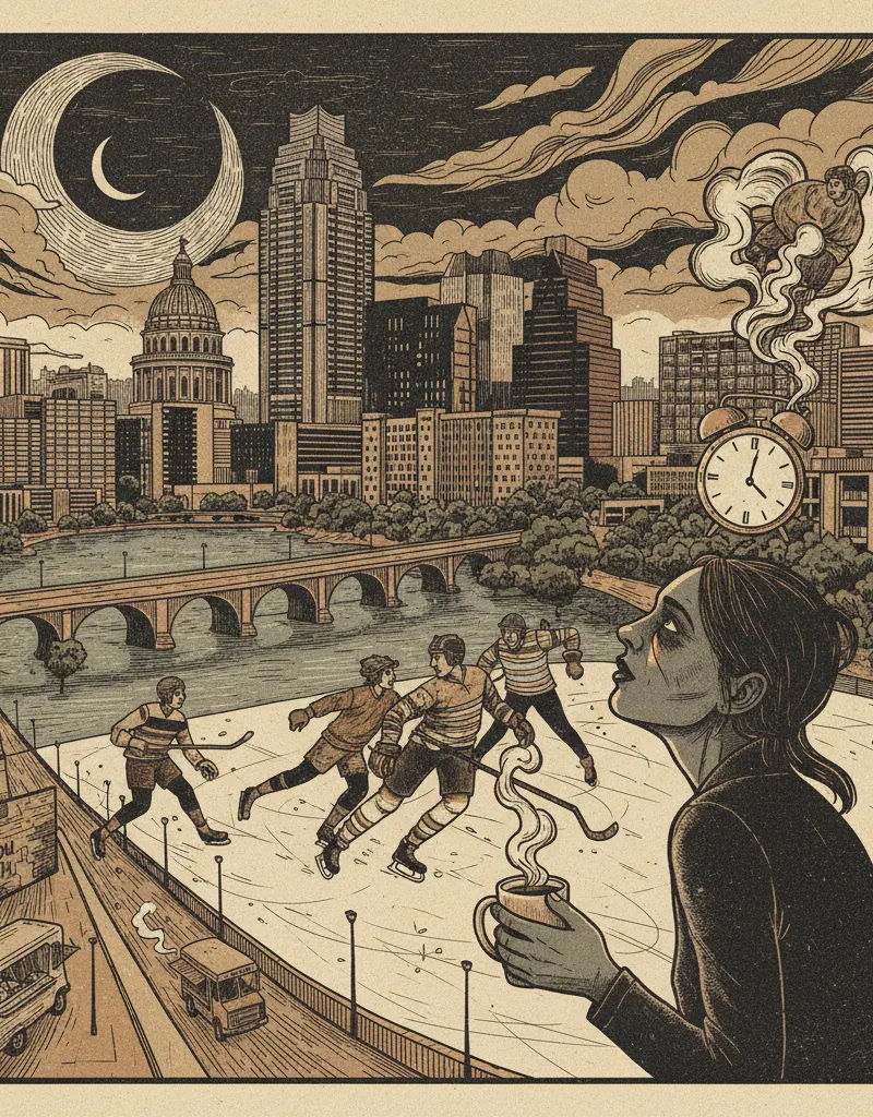 Editorial illustration: SACRIFICE SLEEP TO WATCH OVERPAID ADULTS SKATE ON ICE
