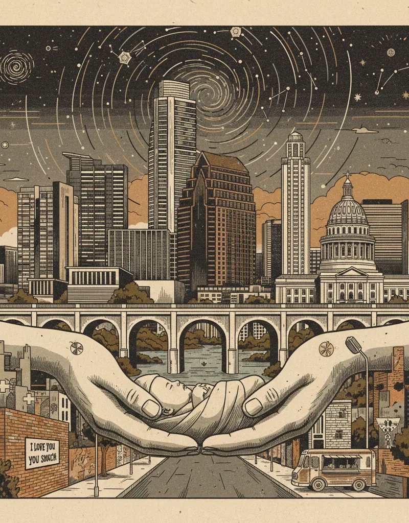 Editorial illustration: THE UNIVERSE IS INDIFFERENT, BUT TEXAS ISN'T: MIDWIFE LICENSE SUSPENDED