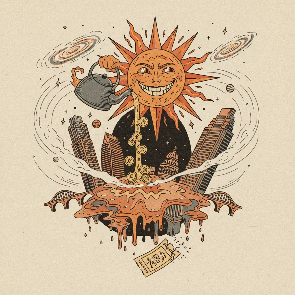 Editorial illustration: THE INEVITABLE HEAT DEATH OF THE UNIVERSE IS FUNDED BY YOUR TICKET SALES