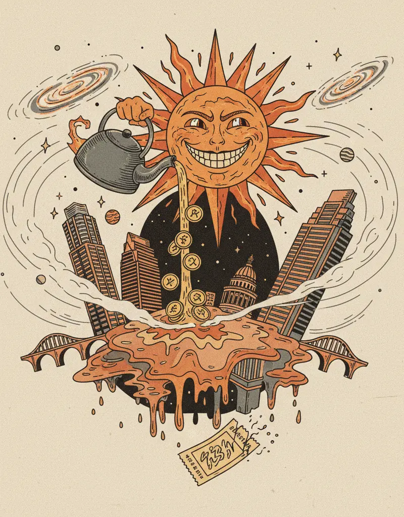 Editorial illustration: THE INEVITABLE HEAT DEATH OF THE UNIVERSE IS FUNDED BY YOUR TICKET SALES