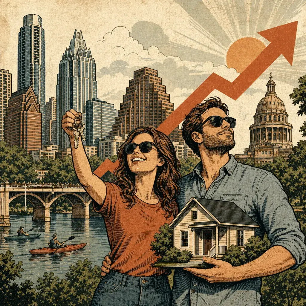 Editorial illustration: AUSTIN INVENTS ADULTHOOD: MILLENNIAL HOMEOWNERSHIP JUMPS 110% AND THE CITY BRAGS ABOUT BEING 'HOT' FOR BUYERS