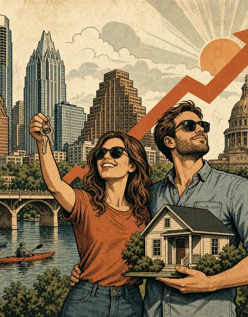 Editorial illustration: AUSTIN INVENTS ADULTHOOD: MILLENNIAL HOMEOWNERSHIP JUMPS 110% AND THE CITY BRAGS ABOUT BEING 'HOT' FOR BUYERS