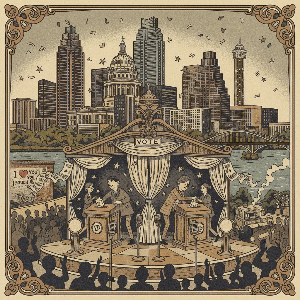 Editorial illustration: HUTTO VOTING SITE TURNS ELECTIONS INTO PERFORMANCE ART