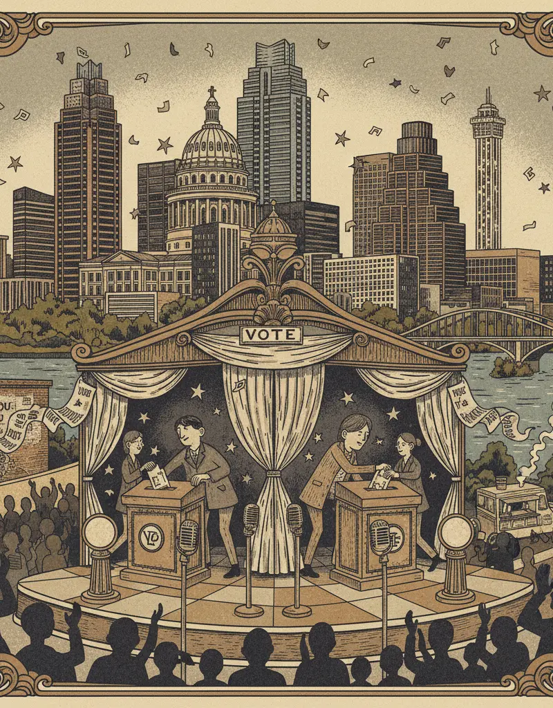 Editorial illustration: HUTTO VOTING SITE TURNS ELECTIONS INTO PERFORMANCE ART