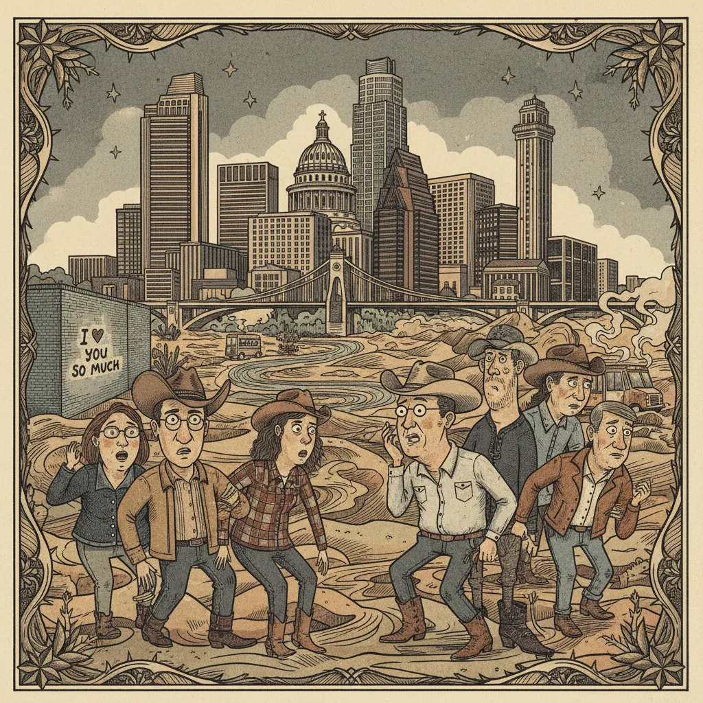 Editorial illustration: AUSTINITES STUCK IN DUBAI: A REALITY SHOW PITCH WRITING ITSELF