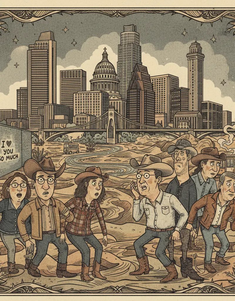 Editorial illustration: AUSTINITES STUCK IN DUBAI: A REALITY SHOW PITCH WRITING ITSELF