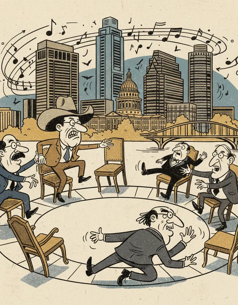 Editorial illustration: POLITICAL MUSICAL CHAIRS: GET READY FOR THE AUSTIN SHUFFLE