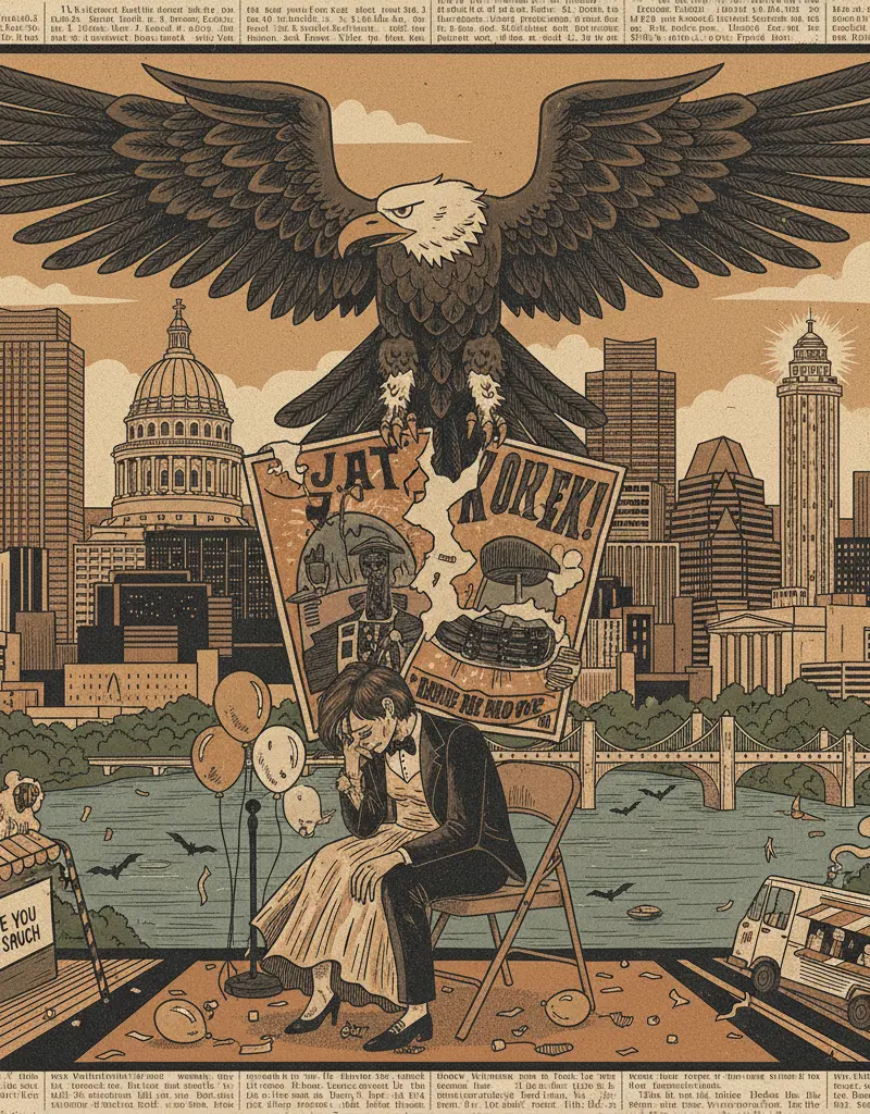 Editorial illustration: PROM NIGHT CANCELLED: EAGLES CONCERT PROVES ONCE AGAIN THAT LIFE IS UNFAIR