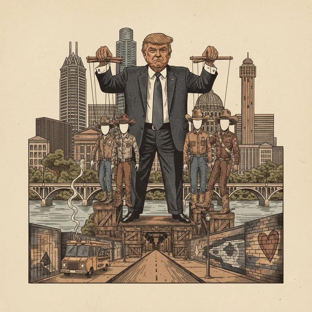 Editorial illustration: TRUMP USES TEXANS AS PROPS IN THE ANNUAL PAGEANT OF POLITICAL THEATER