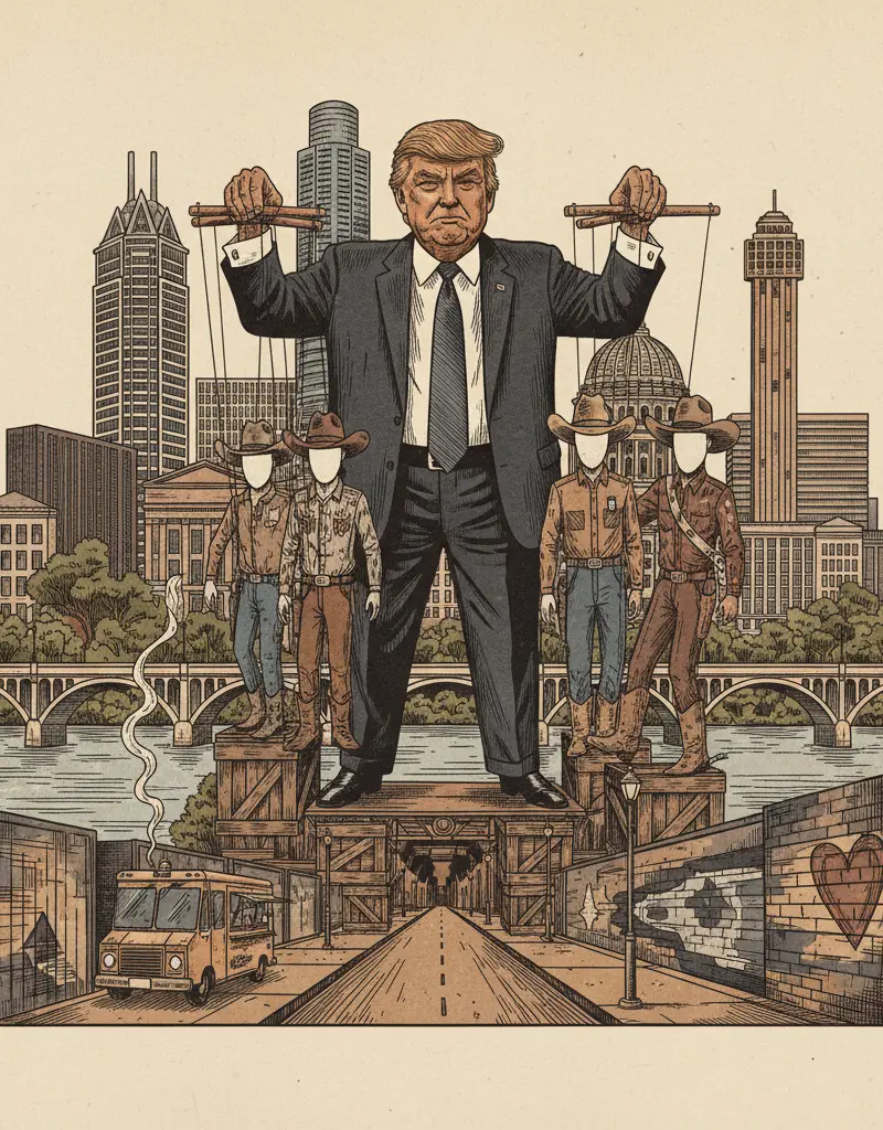 Editorial illustration: TRUMP USES TEXANS AS PROPS IN THE ANNUAL PAGEANT OF POLITICAL THEATER