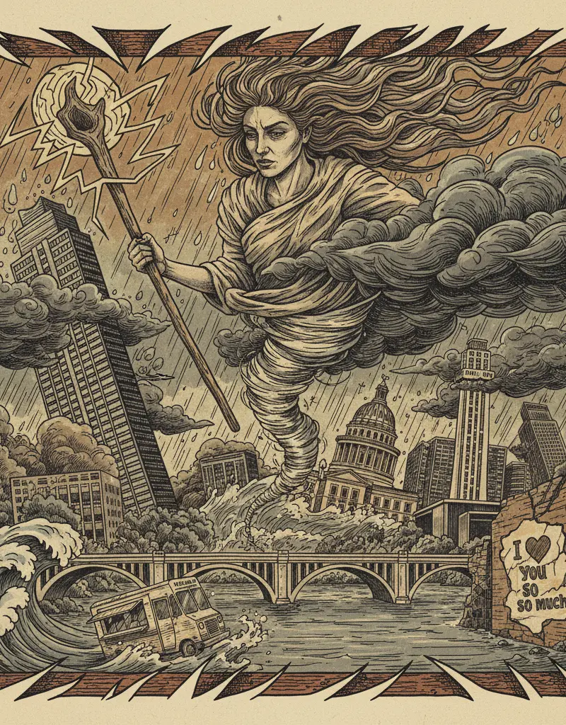 Editorial illustration: BRACE YOURSELVES, AUSTIN: MOTHER NATURE IS HAVING A MOOD SWING