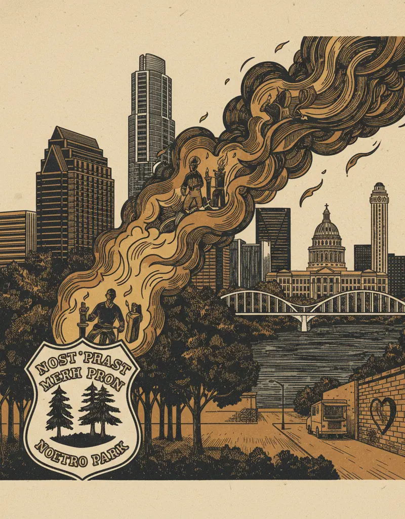 Editorial illustration: TRAVIS COUNTY OFFICIALLY SANCTIONING ARSON AT NORTHEAST METRO PARK