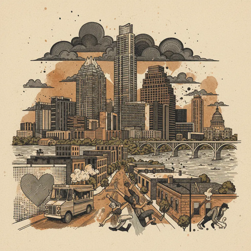 Editorial illustration: AUSTIN HOUSING EXPERT PREDICTS STABILITY, CONFIRMING WE'RE ALL TRAPPED