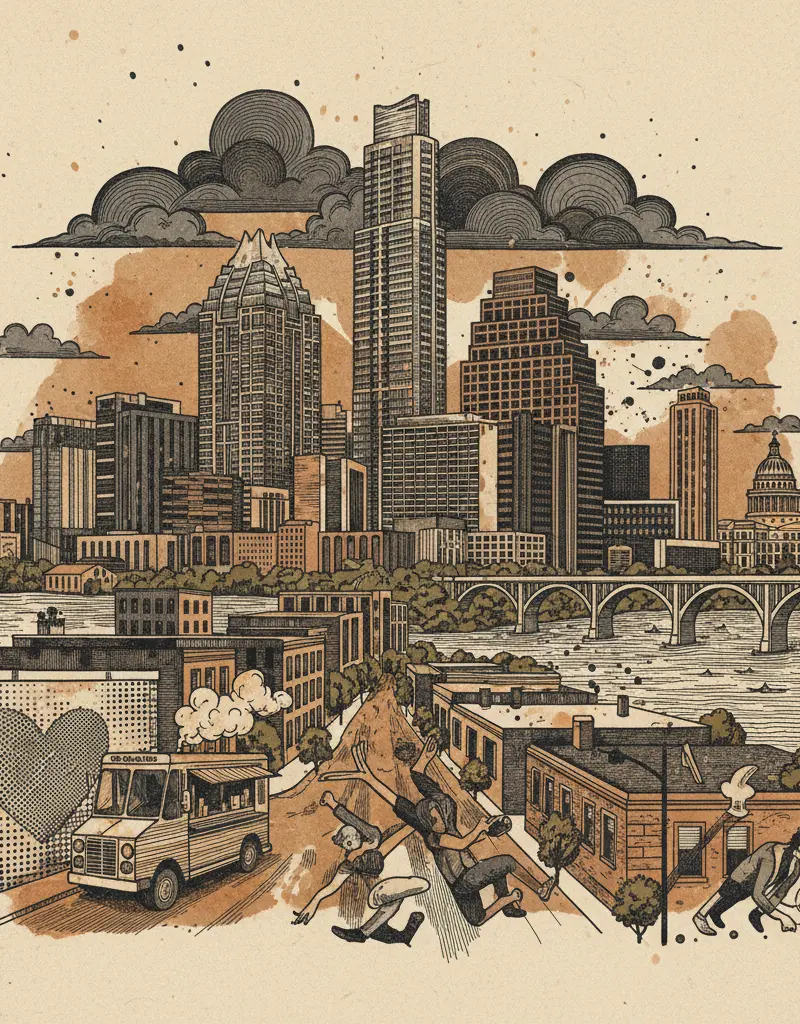 Editorial illustration: AUSTIN HOUSING EXPERT PREDICTS STABILITY, CONFIRMING WE'RE ALL TRAPPED