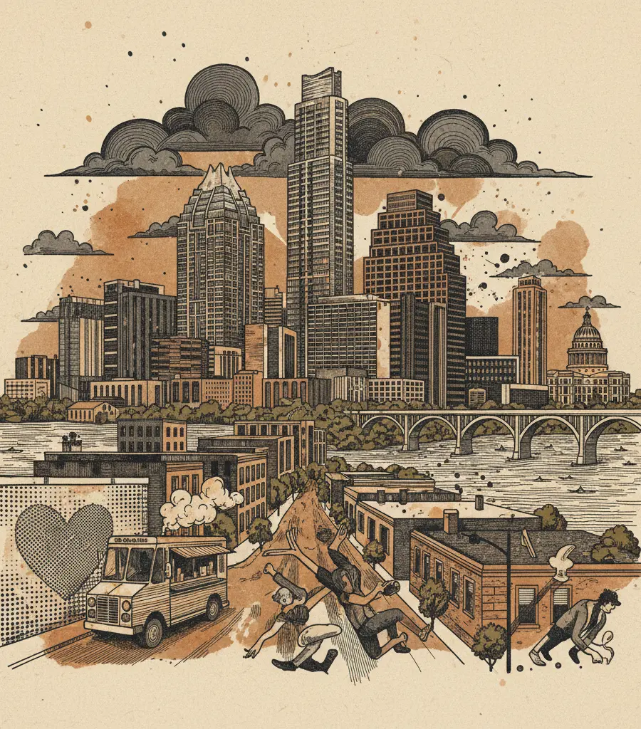 Editorial illustration: AUSTIN HOUSING EXPERT PREDICTS STABILITY, CONFIRMING WE'RE ALL TRAPPED