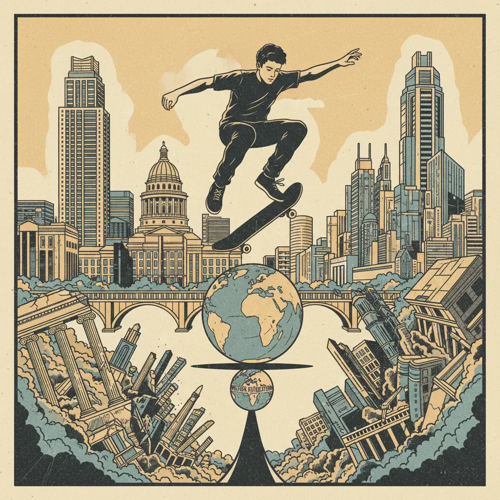Editorial illustration: FATE OF WESTERN CIVILIZATION HINGES ON TEENAGER LANDING JUMPS