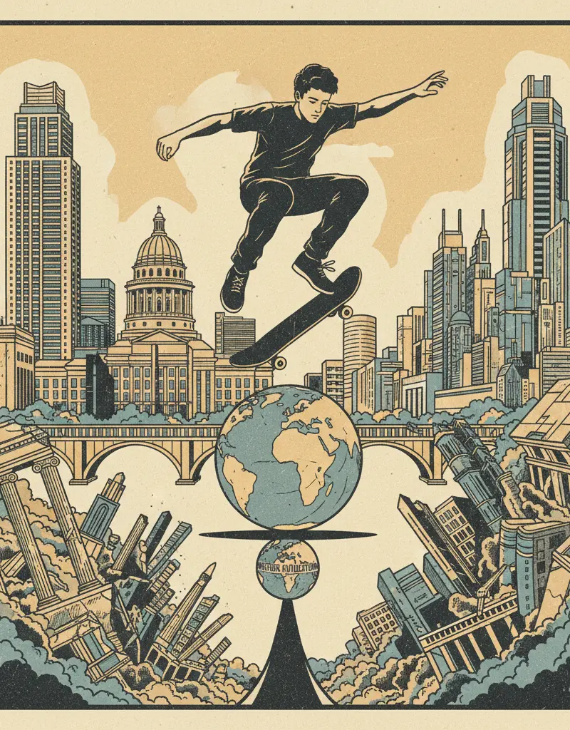 Editorial illustration: FATE OF WESTERN CIVILIZATION HINGES ON TEENAGER LANDING JUMPS